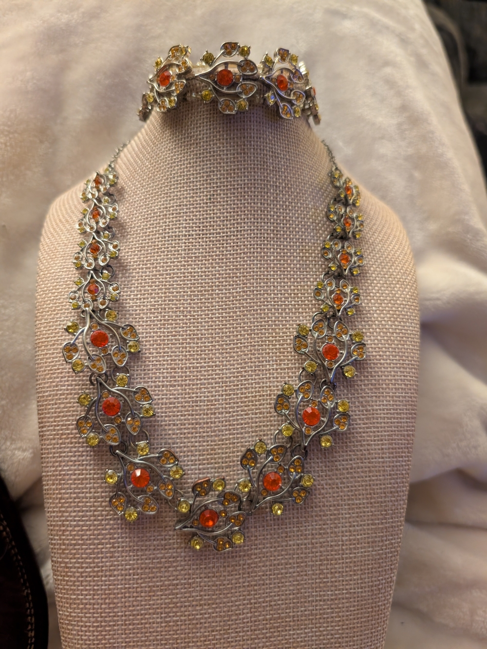 Danbury Mint Vintage Autumn Leaf Rhinestone Necklace & Bracelet Set MCM